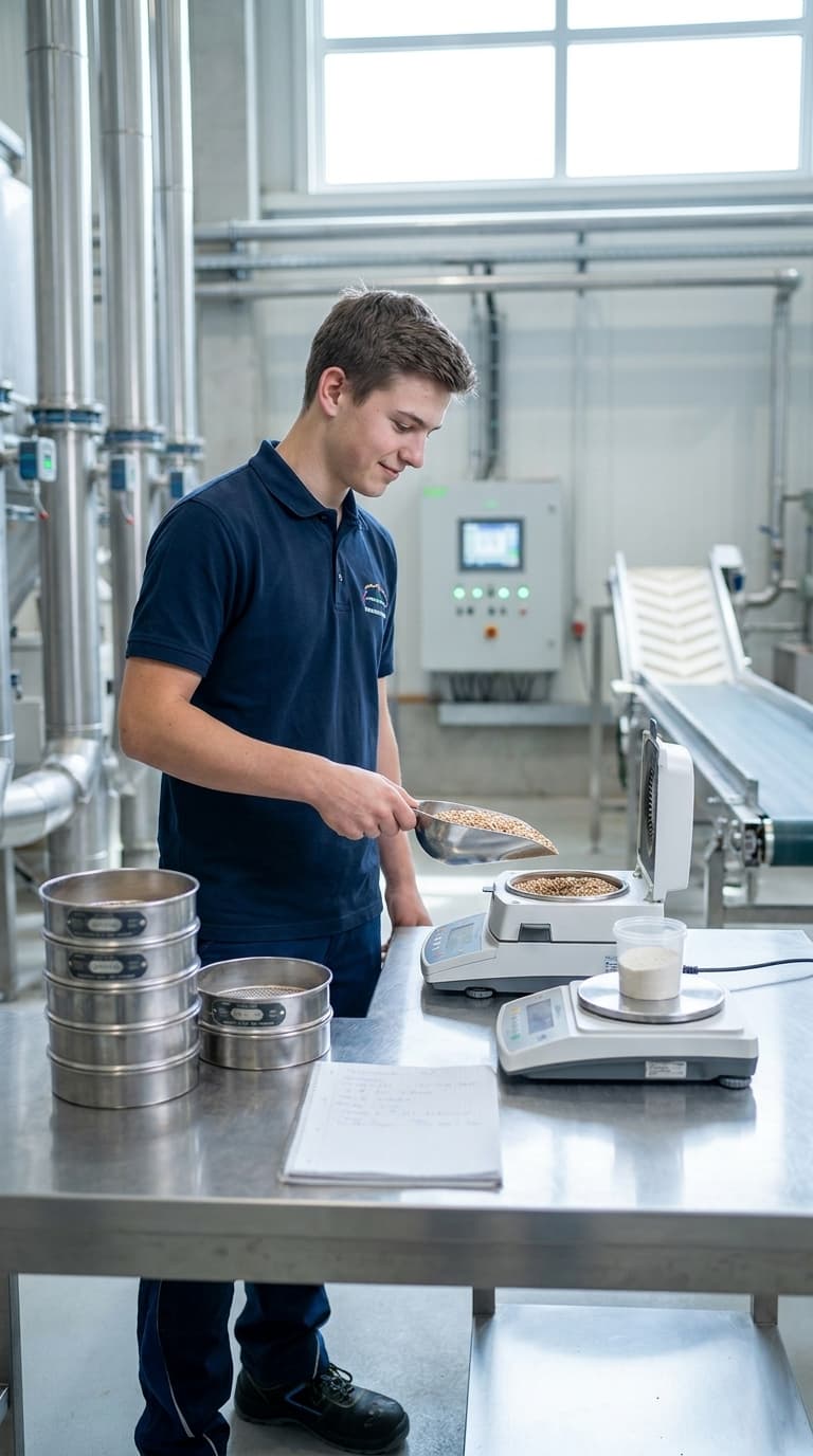 Ein Lehrling wiegt Getreidekörner mit einer Schaufel auf einer Waage in einer Produktionshalle ab.