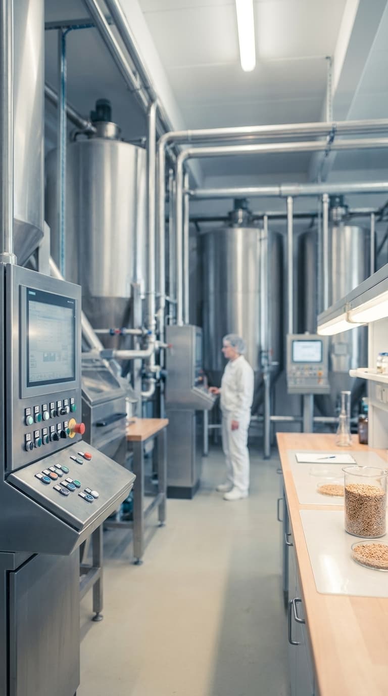 Fachkraft in weißer Schutzkleidung bedient eine Industrieanlage in einer Produktionshalle mit großen Stahltanks.