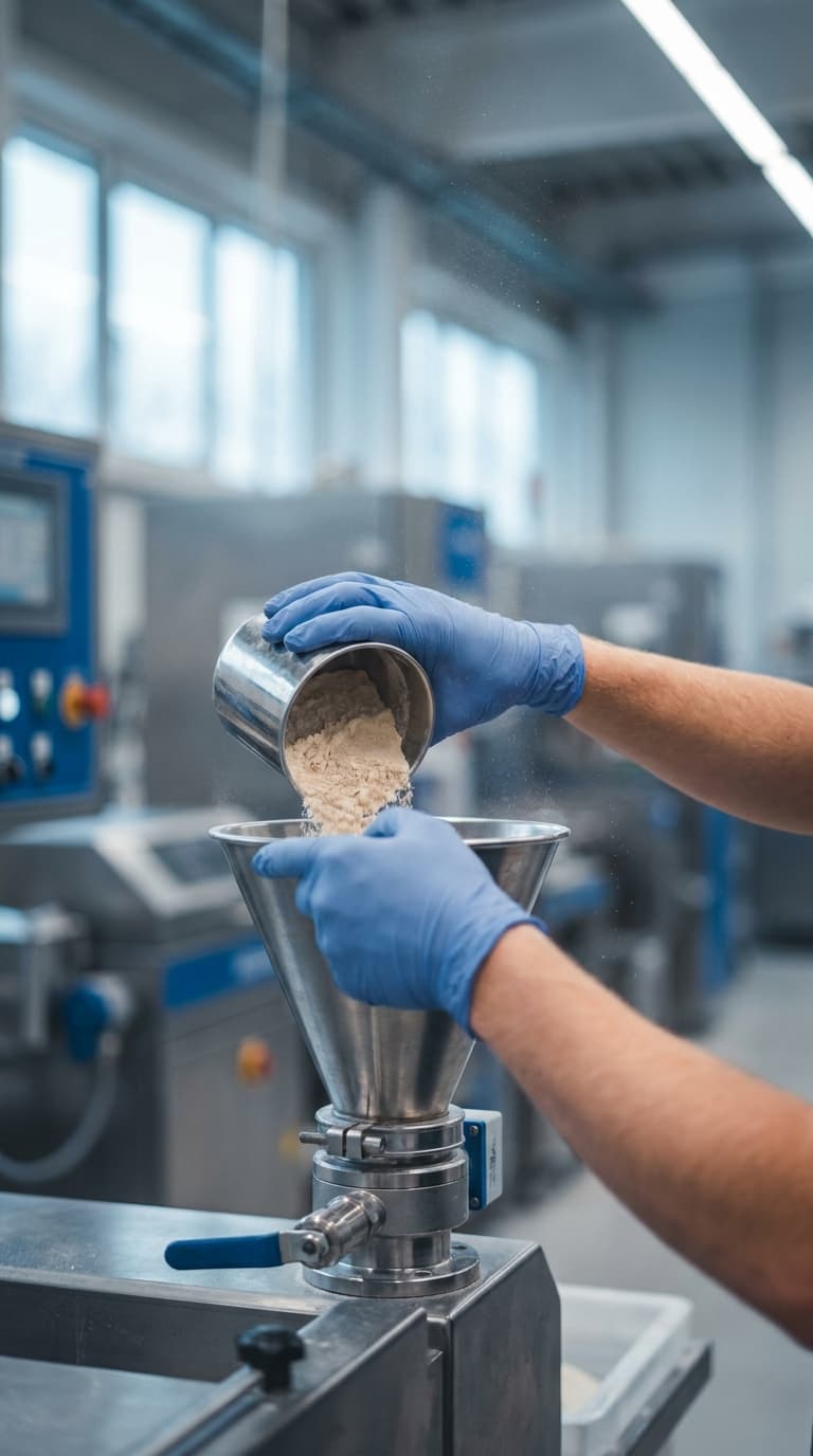 Eine Person mit blauen Handschuhen füllt helles Pulver aus einem Becher in den Trichter einer Edelstahlmaschine.