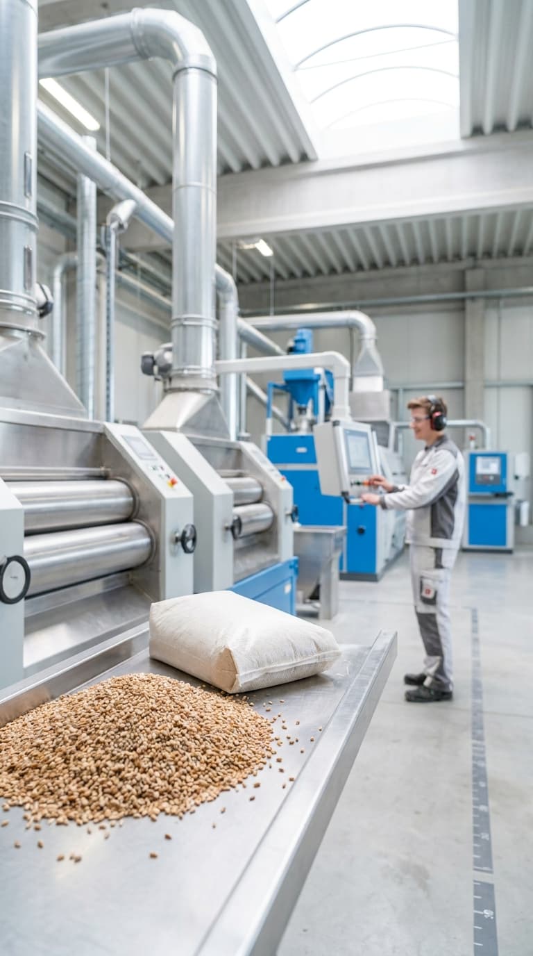 Ein Müller bedient ein Bedienfeld in einer Getreidemühle, im Vordergrund liegen Getreidekörner und ein Sack.