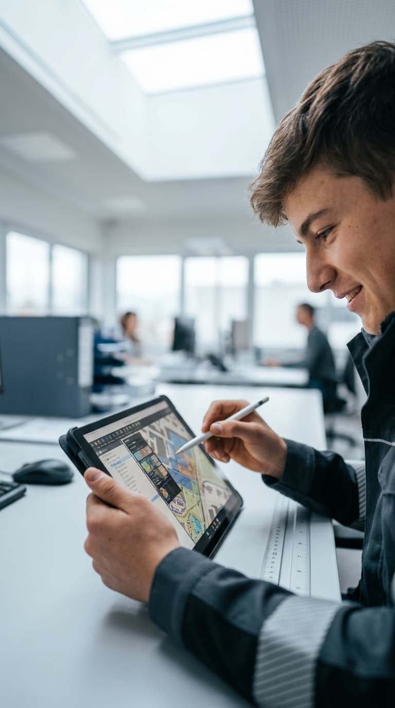 Ein Lehrling bearbeitet einen digitalen Lageplan auf einem Tablet mit einem Eingabestift im Büro.