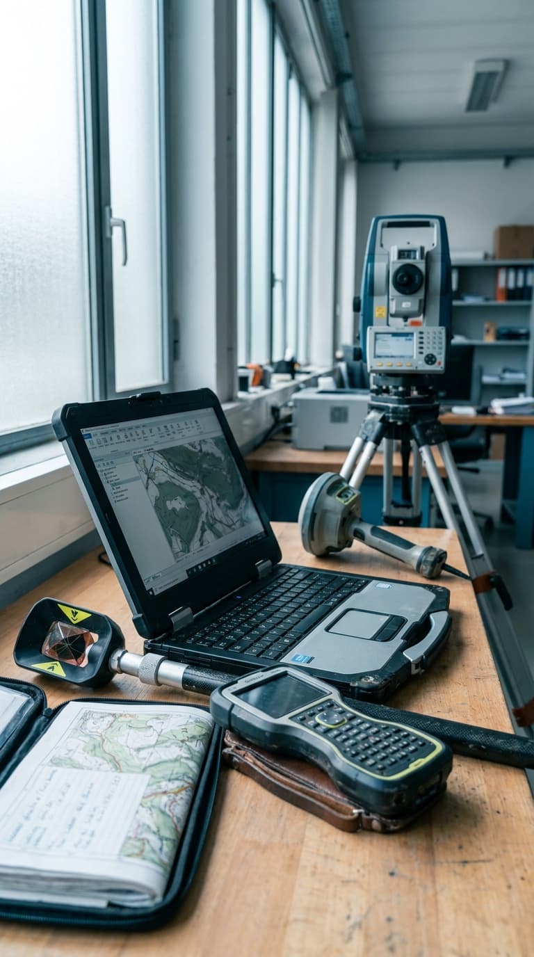 Vermessungsgeräte wie Tachymeter auf Stativ, Laptop mit Landkarte, Prisma und GPS-Handgerät auf einem Holztisch.