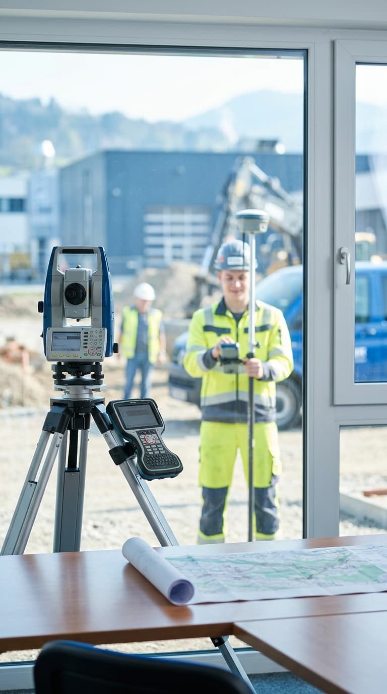 Bauplan auf dem Tisch vor einem Fenster mit Vermessungsgerät und Blick auf einen Vermesser auf der Baustelle.