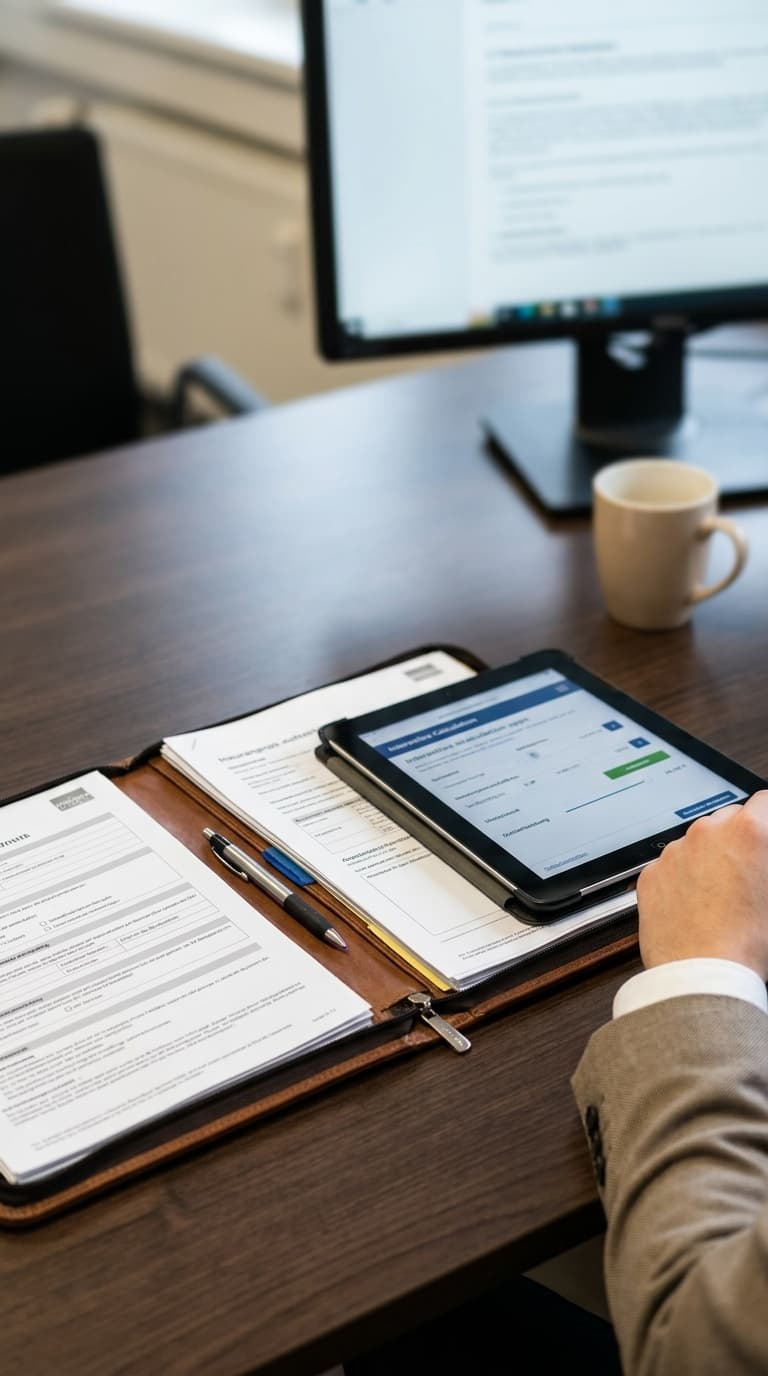 Eine Person im Anzug bedient ein Tablet an einem Schreibtisch mit Dokumenten und Stift im Büro.