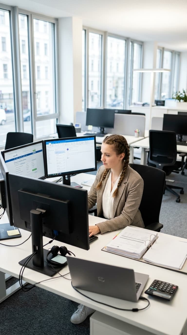 Eine Büroangestellte arbeitet an einem Schreibtisch mit mehreren Monitoren in einem hellen Großraumbüro.