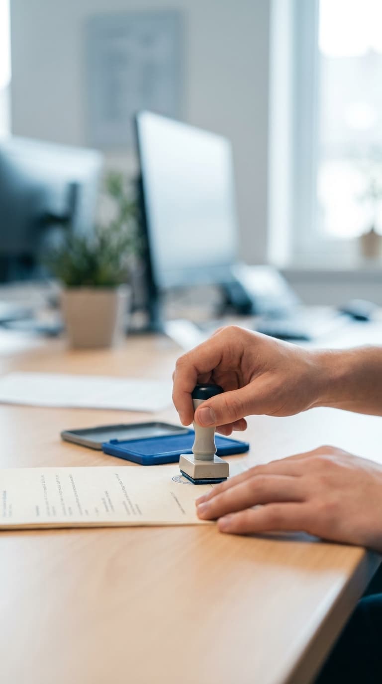 Eine Person stempelt ein Dokument an einem Schreibtisch im Büro, daneben liegt ein blaues Stempelkissen.