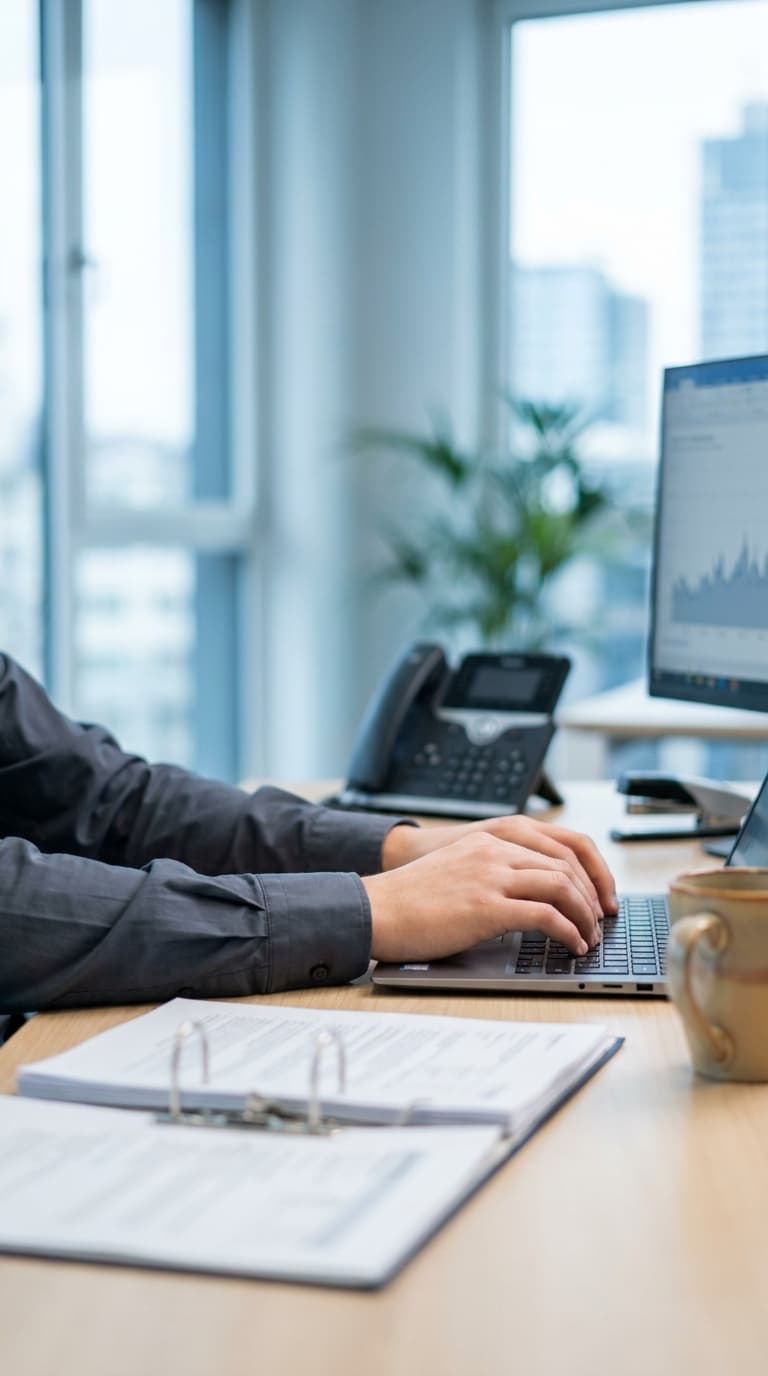 Hände einer Person tippen auf einem Laptop an einem Büroschreibtisch mit Aktenordner, Telefon und Kaffeetasse.