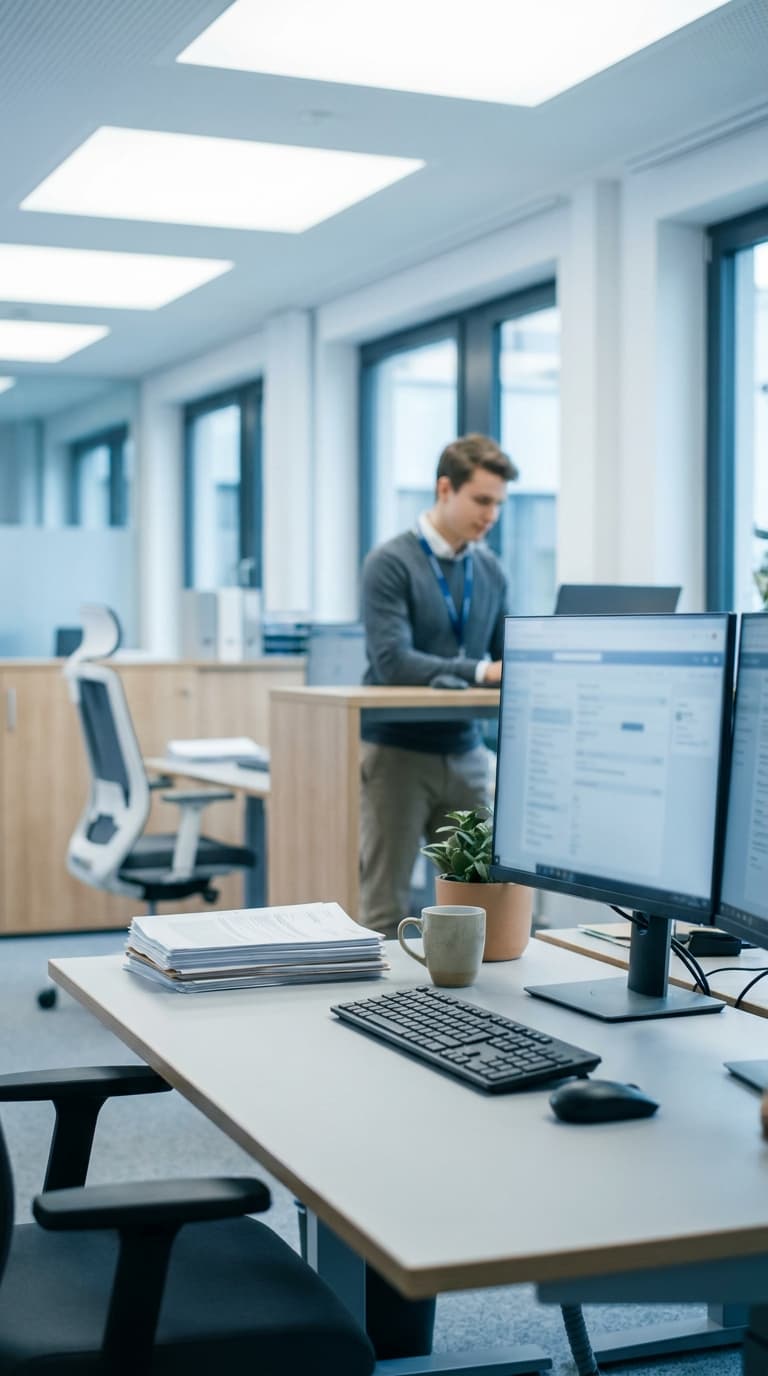Ein Mann arbeitet im Hintergrund am Stehschreibtisch, im Vordergrund ist ein leerer Büroarbeitsplatz mit Monitor.