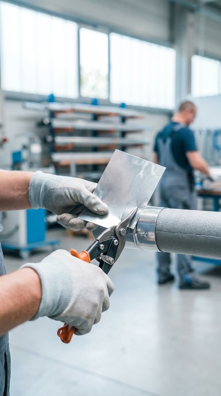 Hände in Arbeitshandschuhen schneiden ein Blech mit einer Blechschere an einem Rohr in einer Werkstatt.