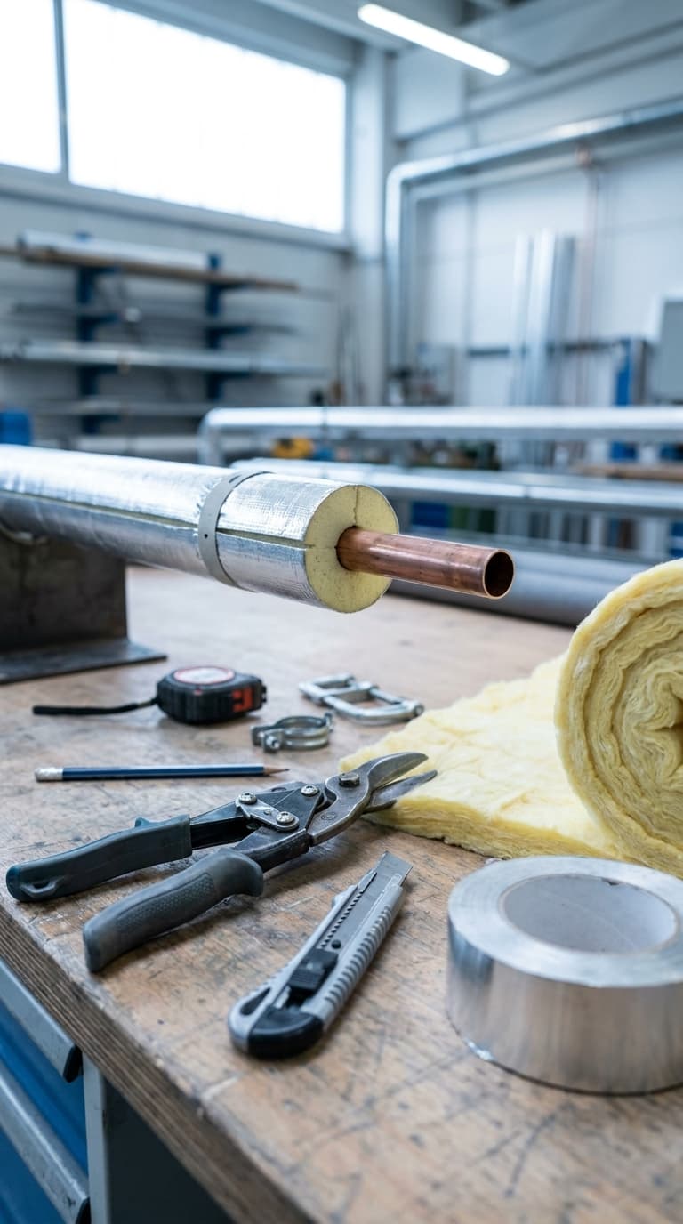 Ein isoliertes Kupferrohr liegt neben Blechschere, Teppichmesser und Dämmmaterial auf einer Werkbank.