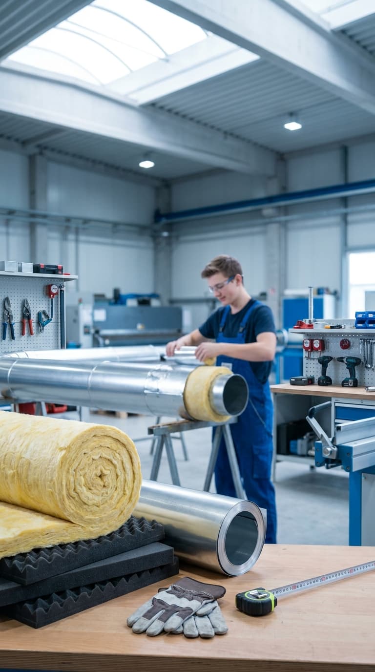 Ein Lehrling isoliert ein Metallrohr mit Dämmwolle in einer Werkstatt. Im Vordergrund liegen Werkzeuge und Dämmstoff.