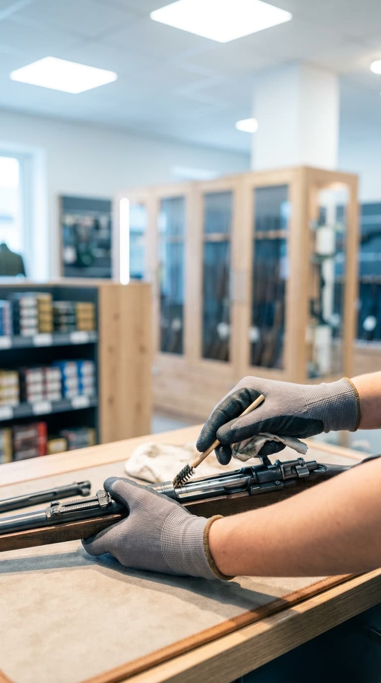 Büchsenmacher*in reinigt den Verschluss eines Gewehrs mit einer Bürste im Waffengeschäft.