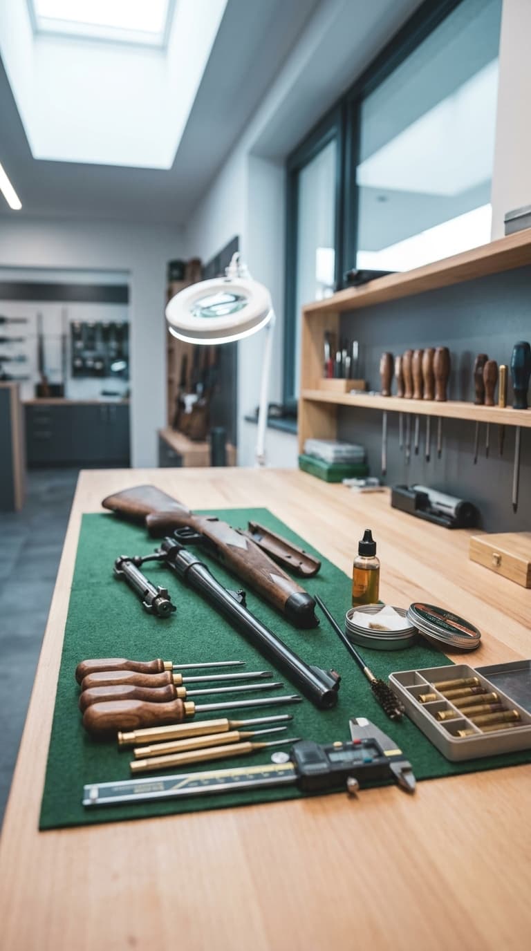 Zerlegtes Gewehr, Messschieber und Werkzeuge auf einer Werkbank in einer Büchsenmacher-Werkstatt.