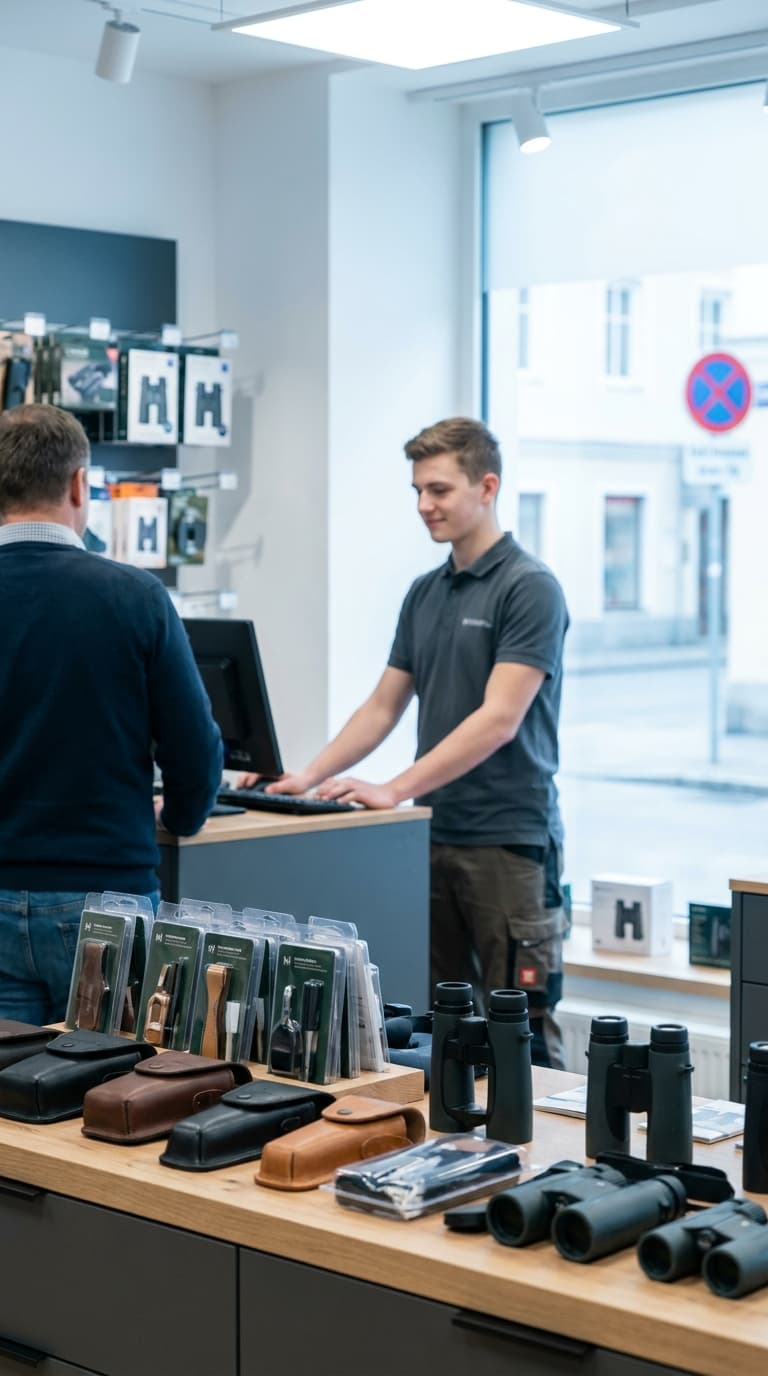 Ein junger Verkäufer bedient einen Kunden an der Kasse eines Fachgeschäfts für Ferngläser.
