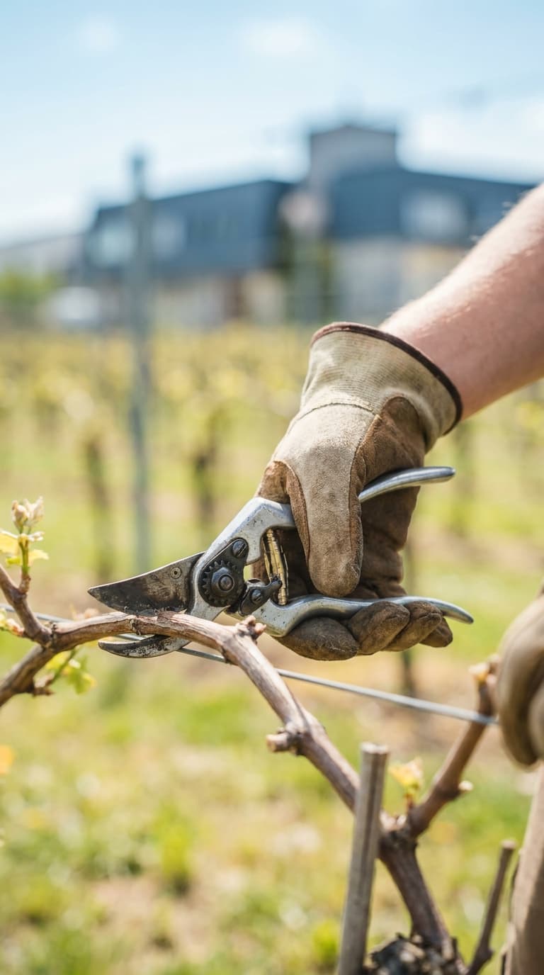 Eine Hand im Arbeitshandschuh schneidet mit einer Rebschere eine Weinrebe im Weinberg.