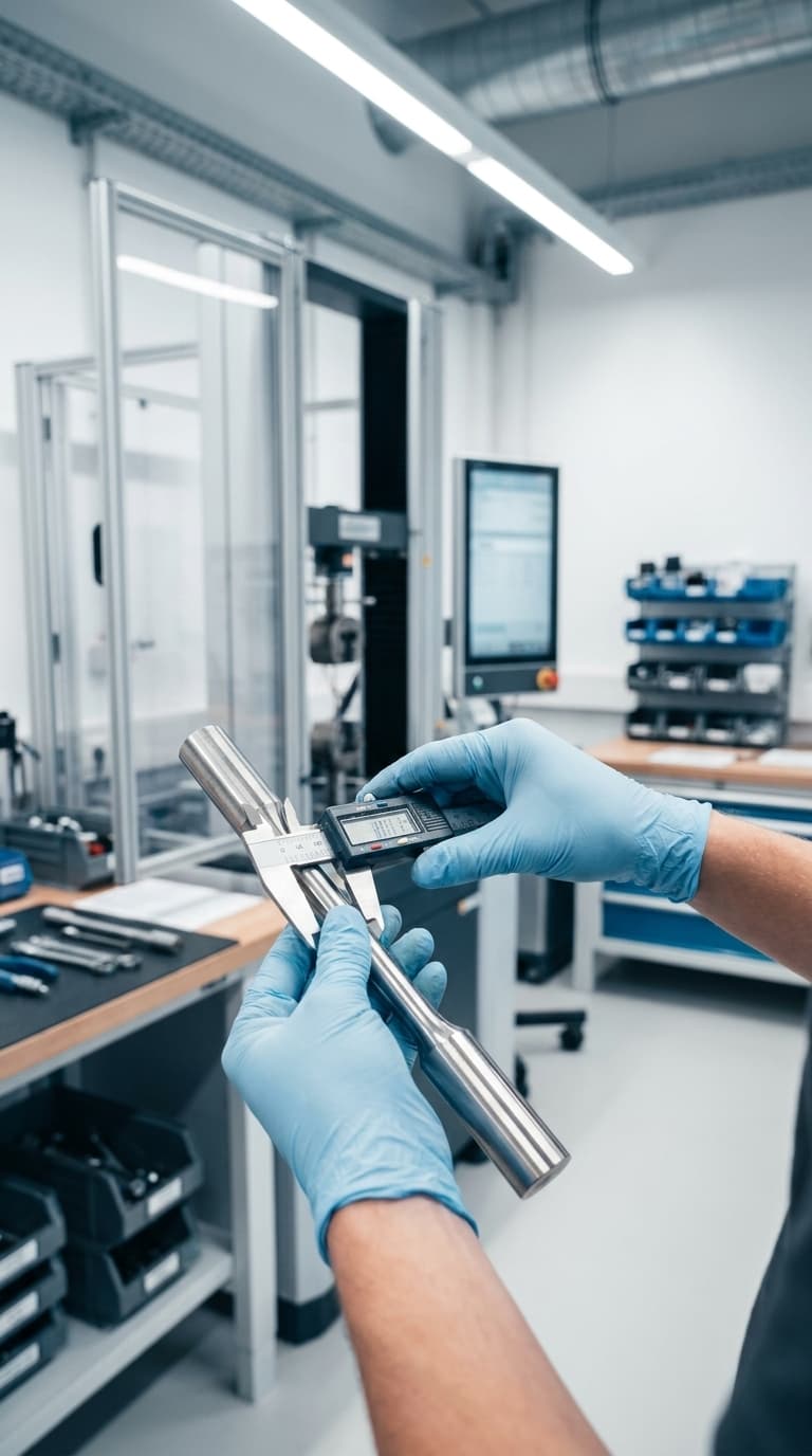 Hände mit blauen Handschuhen messen ein Metallbauteil mit einem digitalen Messschieber in einem Prüflabor.