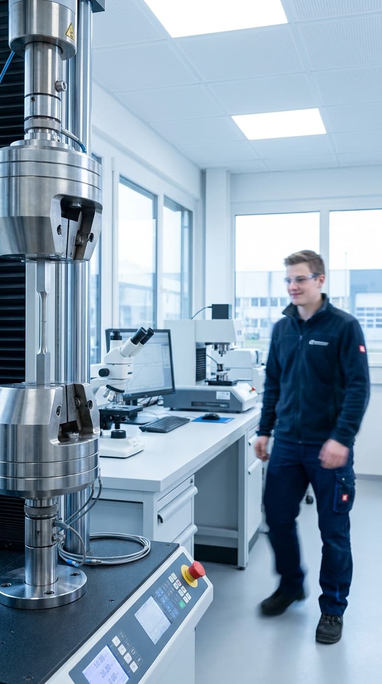 Ein Werkstoffprüfer geht in einem Labor an einer Zugprüfmaschine und einem Mikroskop vorbei.