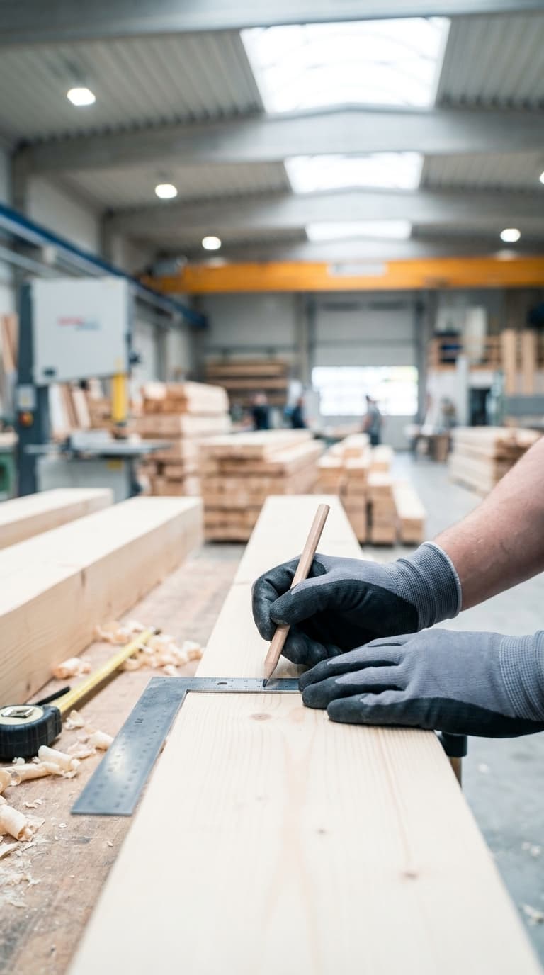 Ein Handwerker markiert mit Bleistift und Winkel einen Holzbalken in einer Holzwerkstatt.
