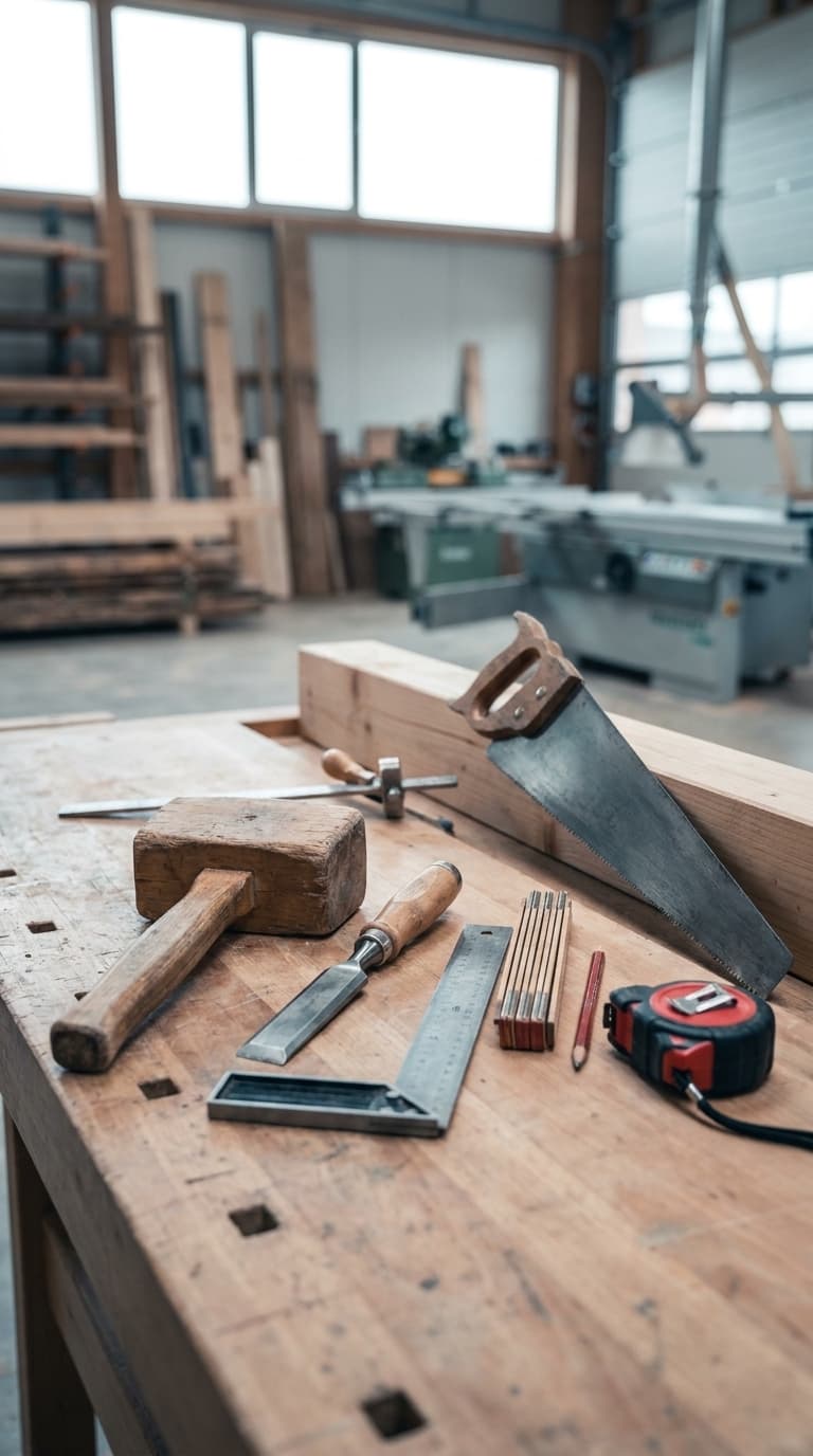 Schreinerwerkzeuge wie Handsäge, Holzhammer und Stechbeitel auf einer Hobelbank in einer hellen Tischlerei.