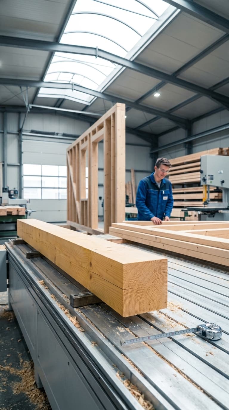 Ein Zimmerer arbeitet in einer Werkstatthalle an Holzrahmen, während im Vordergrund ein großer Holzbalken liegt.